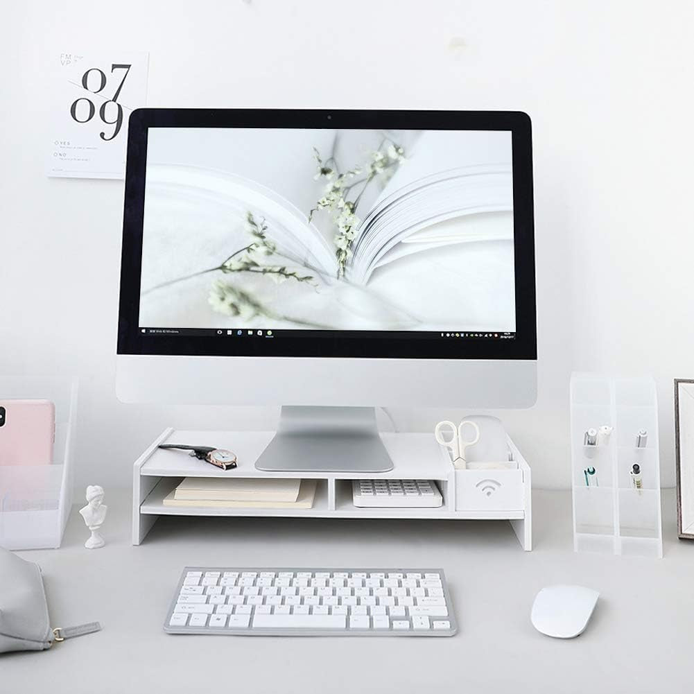 Ergonomic White Monitor Stand PVC Storage Compartments