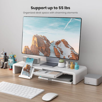 Foldable Monitor Stand - Klearlook Computer Monitor Riser with Storage Drawer&Tablet Phone Stand| Width Adjustable Monitor Stands for Desks| Desk Shelf Riser for Computer, Desktop, Laptop| White