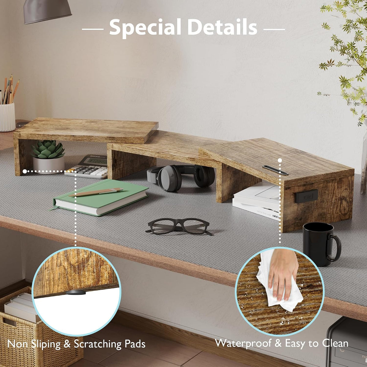 Dual Monitor Riser, Stepless Adjustable Length & Angle, Rustic Brown
