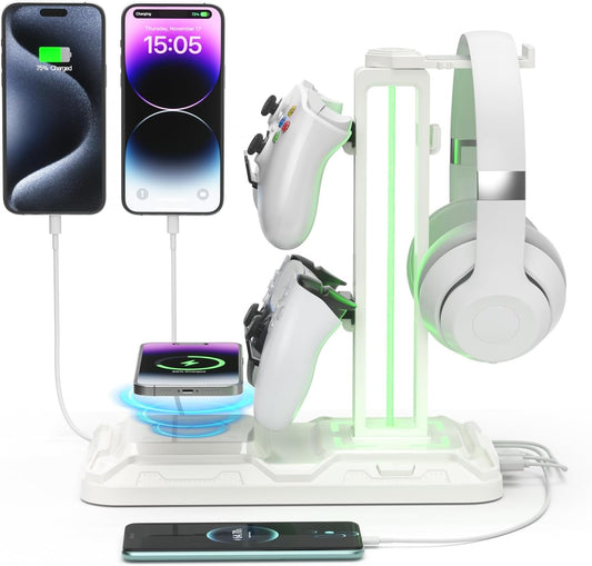 Headset and Controller Stand with Wireless Charging & 9 Light Modes, Rotatable Controller Holder - Headphone Stand with 2 USB and Type C Ports, Gaming Headset Stand for Gamers Desktop Accessories