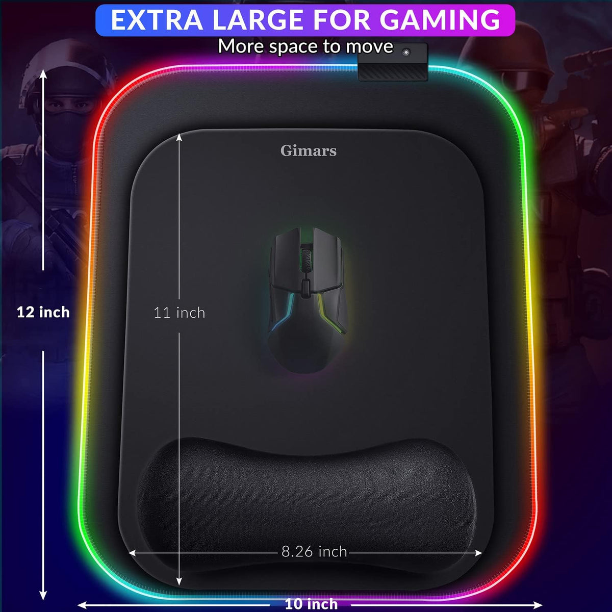 RGB Gaming Mouse Pad Wrist Support, 305 X 254Mm XL Ergonomic Gel Mouse Mat with 10 LED Lighting Modes, Non-Slip Rubber Base, Lycra Fabric, Mousepad for Laptop, Computer, PC Gaming & Office