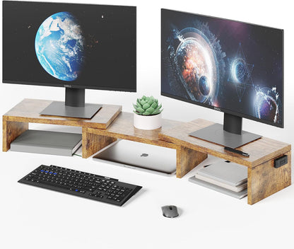 Dual Monitor Riser, Stepless Adjustable Length & Angle, Rustic Brown