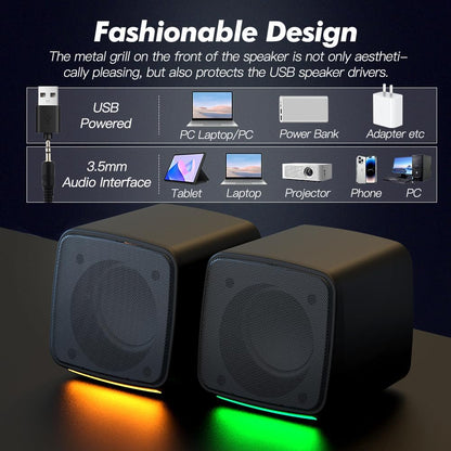 PC Speakers, USB Powered Speaker Set, Jack AUX 3.5Mm,Portable Mini Speaker for Laptop Smartphones MAC, Colorful RGB Lights