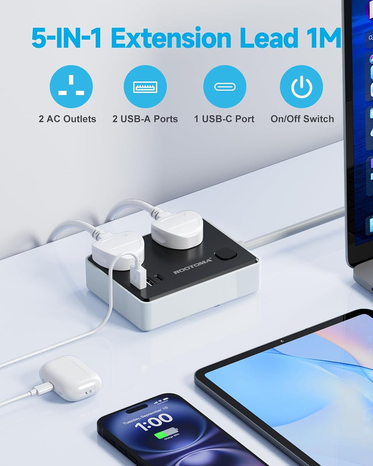 Black Extension Lead 1M with 3 USB Slots, 2 Gang Short Extension Lead