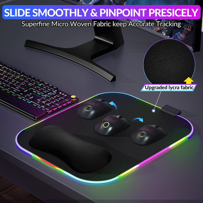 RGB Gaming Mouse Pad Wrist Support, 305 X 254Mm XL Ergonomic Gel Mouse Mat with 10 LED Lighting Modes, Non-Slip Rubber Base, Lycra Fabric, Mousepad for Laptop, Computer, PC Gaming & Office