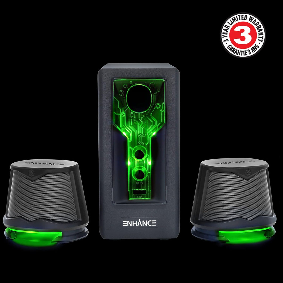 SB 2.1 Computer Speakers - Green LED Computer Gaming Speakers with Subwoofer, High Excursion Sound System, Volume and Bass Control, Compatible with Gaming PC, Desktop, Laptop