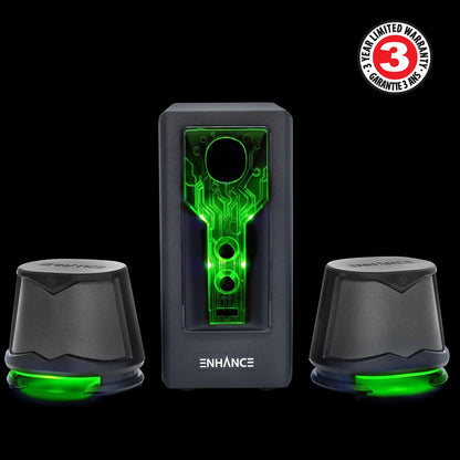 SB 2.1 Computer Speakers - Green LED Computer Gaming Speakers with Subwoofer, High Excursion Sound System, Volume and Bass Control, Compatible with Gaming PC, Desktop, Laptop