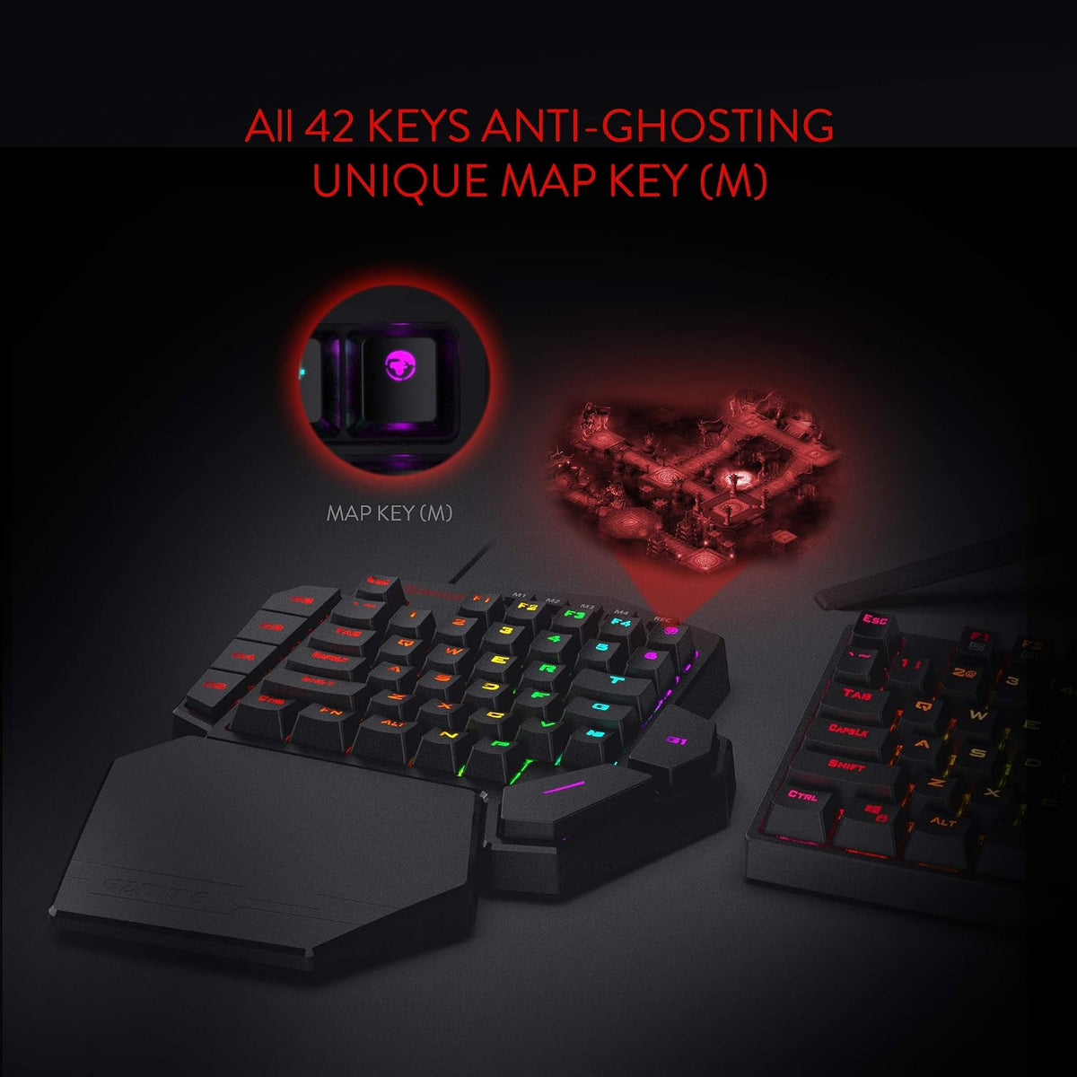 K585 DITI One-Handed RGB Mechanical Gaming Keyboard, Brown Switches, Type-C Professional Gaming Keypad with 7 Onboard Macro Keys, Detachable Wrist Rest, 42 Keys