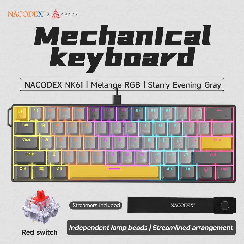 NK61 Mechanical Wired Gaming Keyboard RGB Lighting Effects Supports Hot-Swappable 61 Keys Mechanical Gaming Keyboard