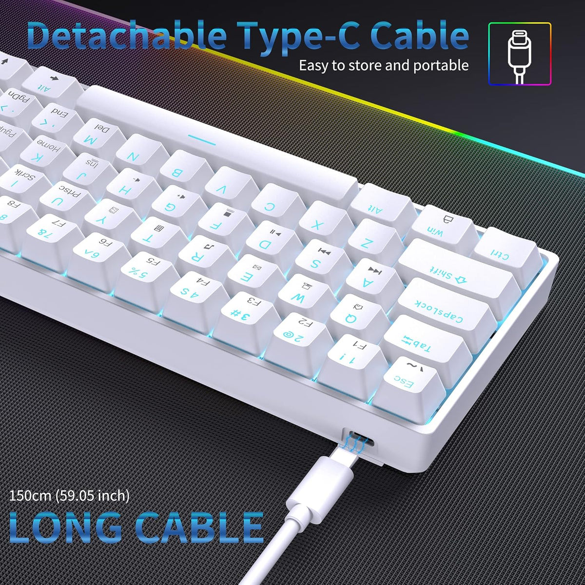 DK61SE 60% Gaming Keyboard, Wired, US QWERTY, Red Switches, White