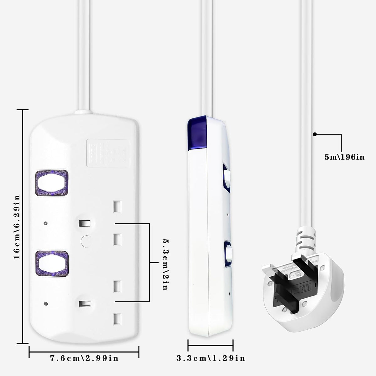 Extension Lead 5M, 2 Plug Extension Lead for Home, Office