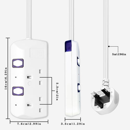 Extension Lead 5M, 2 Plug Extension Lead for Home, Office