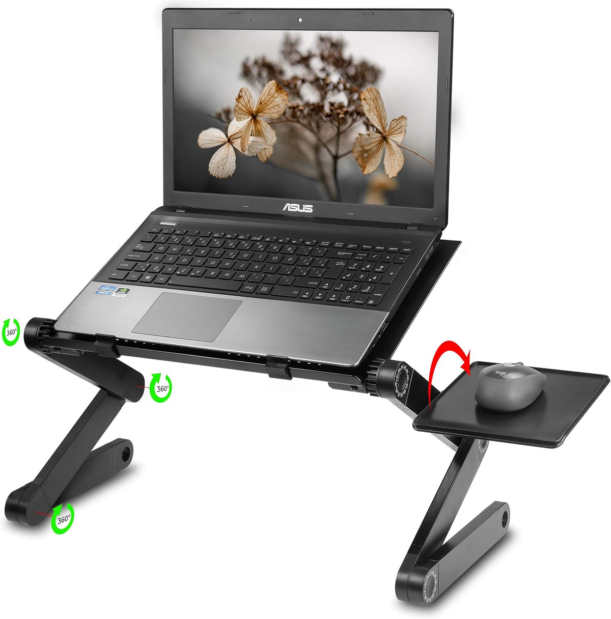 Folding Laptop Stand Standing Desk Converter Laptop Bed Table Riser Tray Holder for Couch Sofa Lapdesk Laptray Height Adjustable Portable with Legs Mouse Pad Black