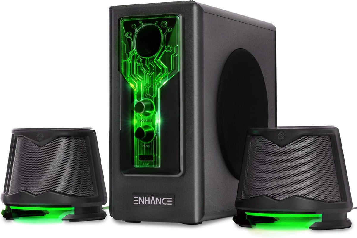 SB 2.1 Computer Speakers - Green LED Computer Gaming Speakers with Subwoofer, High Excursion Sound System, Volume and Bass Control, Compatible with Gaming PC, Desktop, Laptop