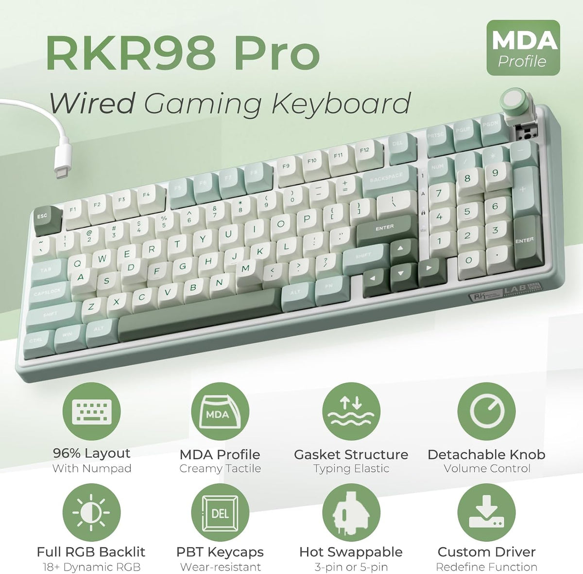 R98 Pro Gaming Keyboard, 96% Wired Mechanical Keyboard Creamy RGB with Number Pad and Volume Knob, Gasket Mount, MDA Profile US Layout PBT Keycaps, Hot Swap Pre-Lubed Tactile Switch