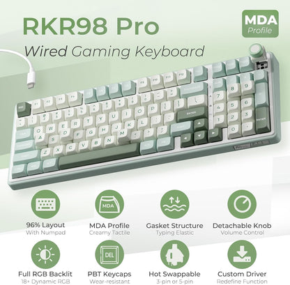 R98 Pro Gaming Keyboard, 96% Wired Mechanical Keyboard Creamy RGB with Number Pad and Volume Knob, Gasket Mount, MDA Profile US Layout PBT Keycaps, Hot Swap Pre-Lubed Tactile Switch