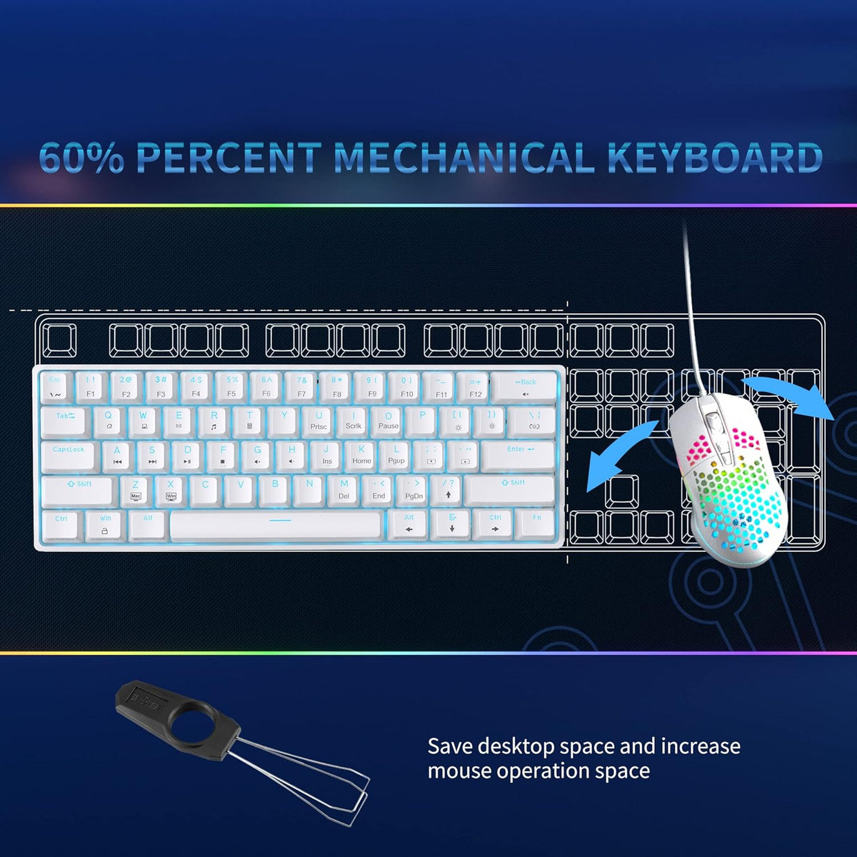DK61SE 60% Gaming Keyboard, Wired, US QWERTY, Red Switches, White