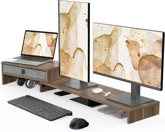 Dual Monitor Stand with Drawer,With Adjustable Length and Angle,Brown
