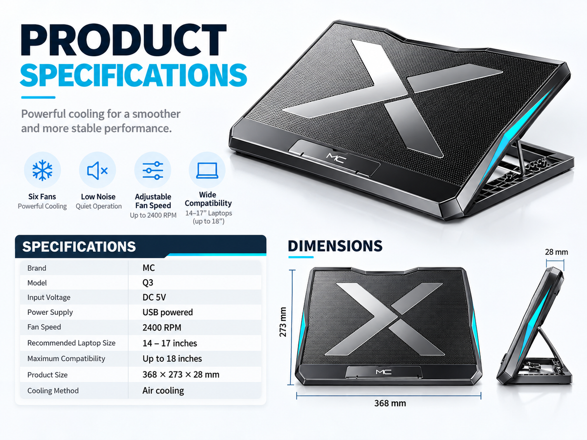 Q3 Gaming Laptop Cooling Pad – 6 Fans & Adjustable Height