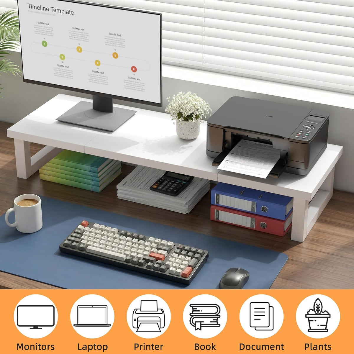 Dual Monitor Stand Riser – 91X26Cm Desk Shelf for 2 Screens White