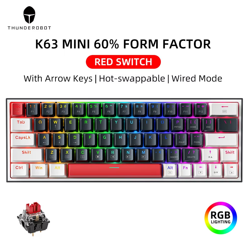 Thunderobot K63 60% Mechanical Gaming Keyboard Hot Swappable RGB Wired 63 Keys PBT NKRO USB-C for PC Gamer