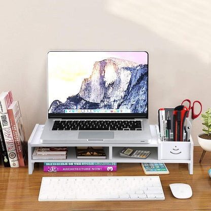 Ergonomic White Monitor Stand PVC Storage Compartments