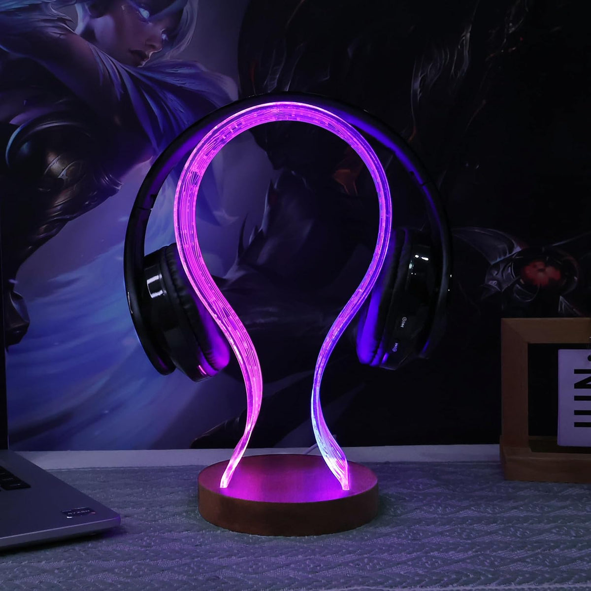 Headphone Stand, Wood Headset Holder with Blue Pink LED Night Light for Gamers, Men, and Music Lovers - Perfect Desk Gift Idea