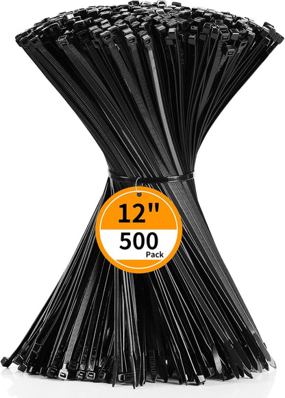 Cable Zip Ties 12 Inch  500 Pack Plastic Black Zip Ties 50Lbs