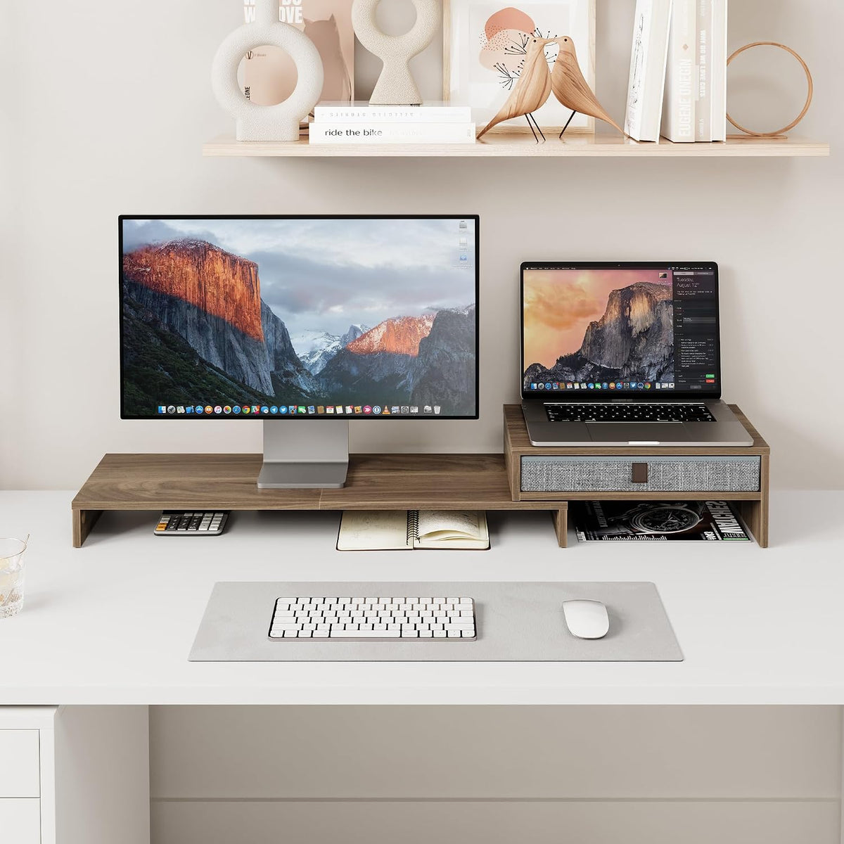 Dual Monitor Stand with Drawer,With Adjustable Length and Angle,Brown