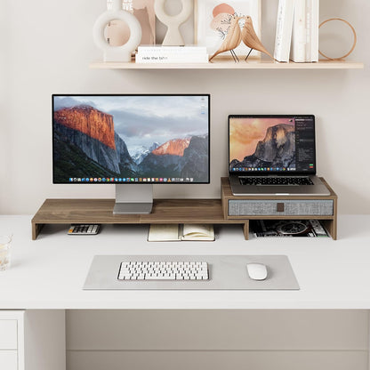Dual Monitor Stand with Drawer,With Adjustable Length and Angle,Brown