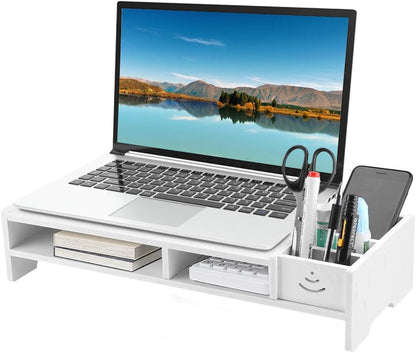 Ergonomic White Monitor Stand PVC Storage Compartments
