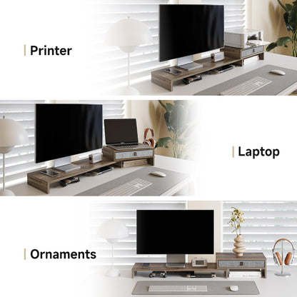 Dual Monitor Stand with Drawer,With Adjustable Length and Angle,Brown