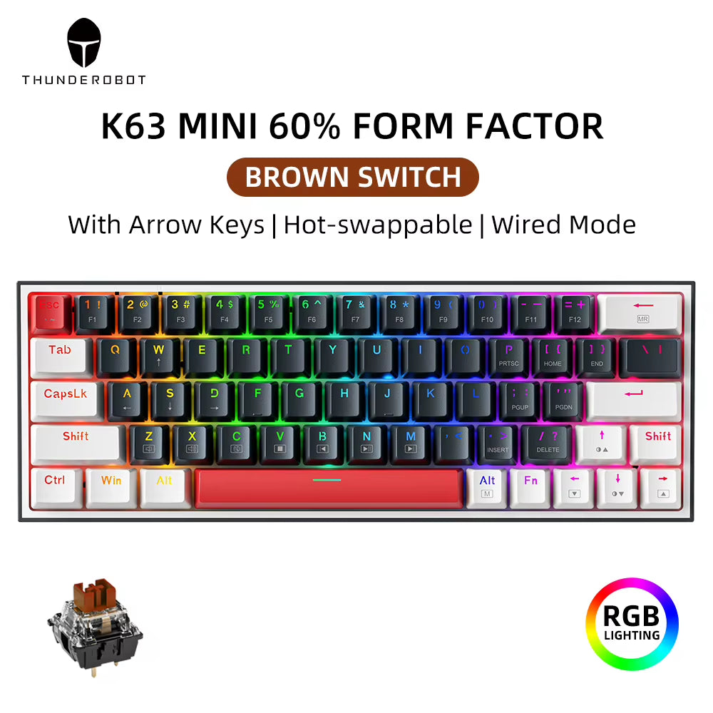 Thunderobot K63 60% Mechanical Gaming Keyboard Hot Swappable RGB Wired 63 Keys PBT NKRO USB-C for PC Gamer