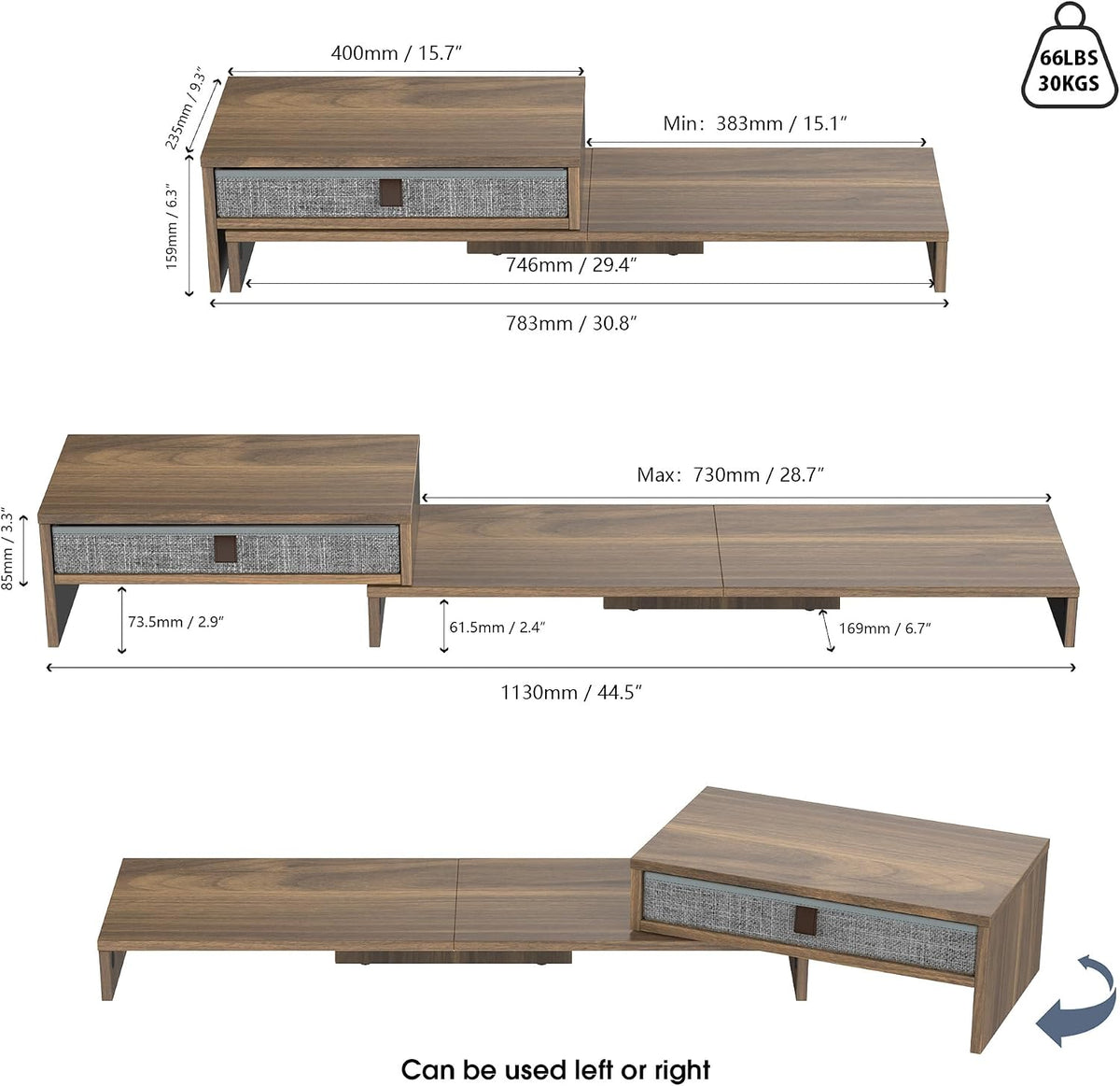 Dual Monitor Stand with Drawer,With Adjustable Length and Angle,Brown