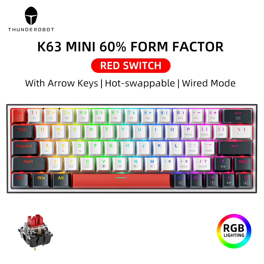 Thunderobot K63 60% Mechanical Gaming Keyboard Hot Swappable RGB Wired 63 Keys PBT NKRO USB-C for PC Gamer
