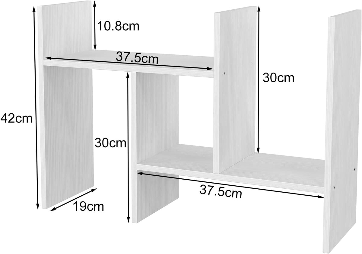 Wood Desktop Bookshelf Adjustable Desk Shelves Freestanding Home and Office Supplies Storage Display Shelf Desk Tidy Organiser,White