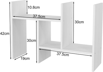 Wood Desktop Bookshelf Adjustable Desk Shelves Freestanding Home and Office Supplies Storage Display Shelf Desk Tidy Organiser,White