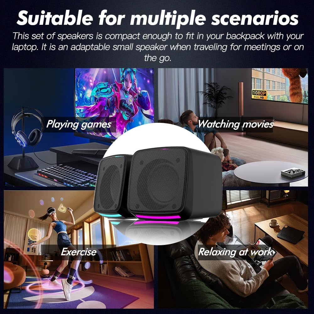 PC Speakers, USB Powered Speaker Set, Jack AUX 3.5Mm,Portable Mini Speaker for Laptop Smartphones MAC, Colorful RGB Lights