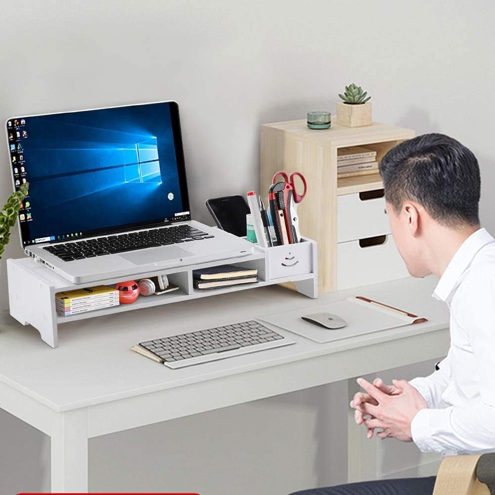 Ergonomic White Monitor Stand PVC Storage Compartments
