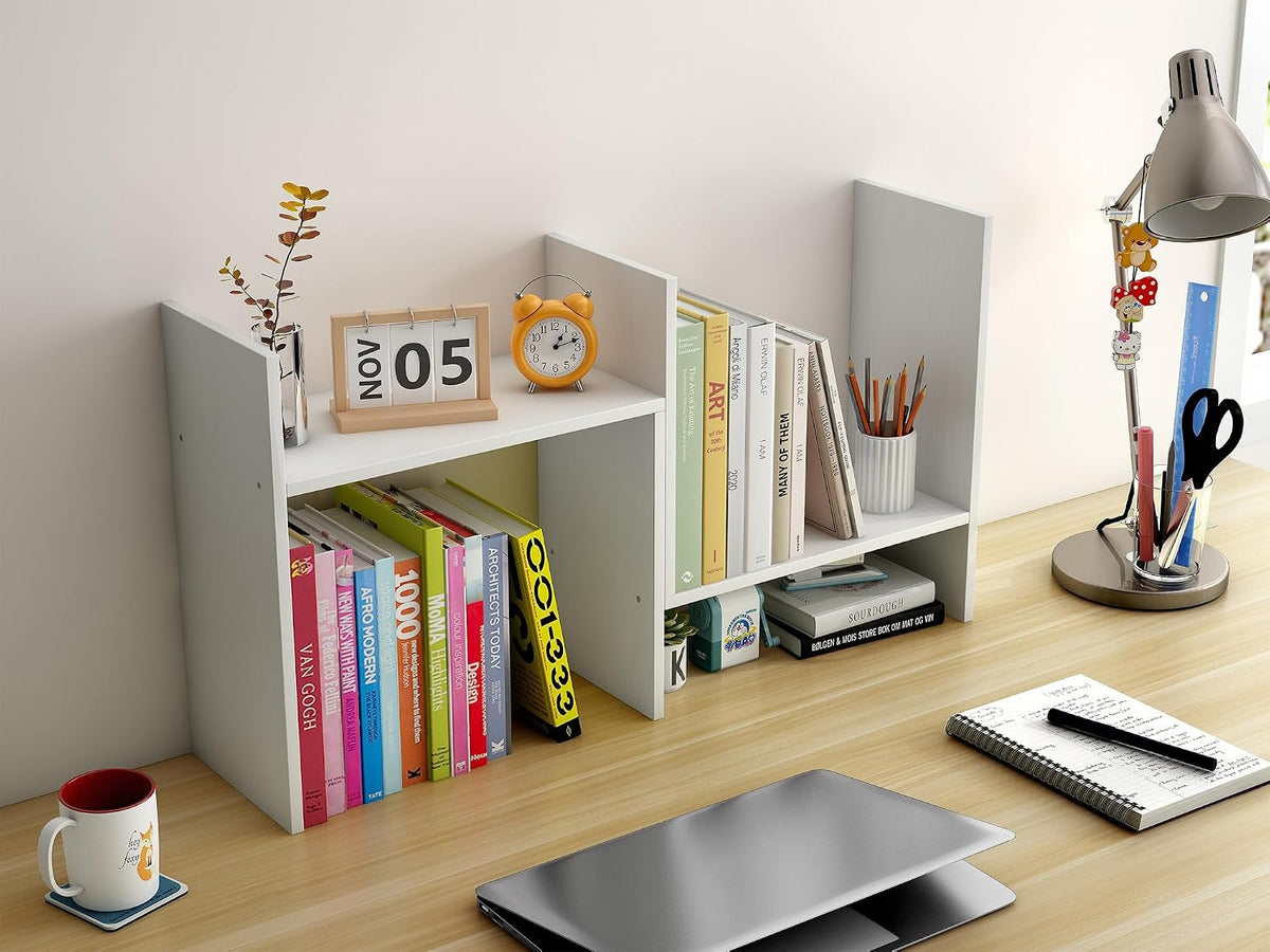 Wood Desktop Bookshelf Adjustable Desk Shelves Freestanding Home and Office Supplies Storage Display Shelf Desk Tidy Organiser,White
