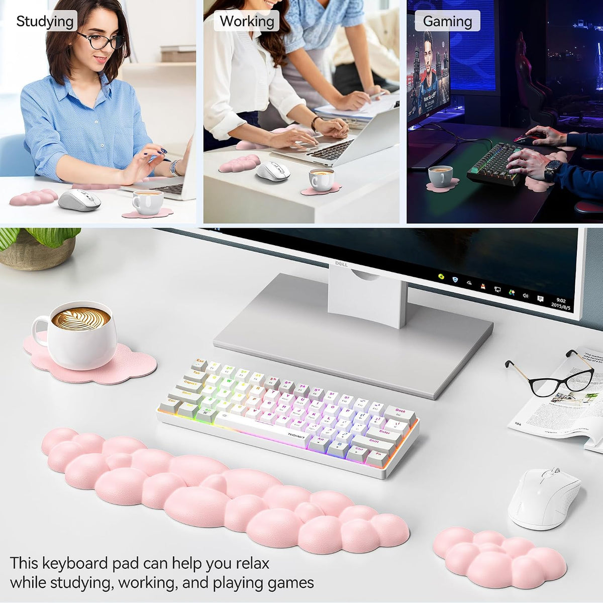 Cloud Wrist Rest Keyboard Set, Memory Foam & PU Leather,Light Pink