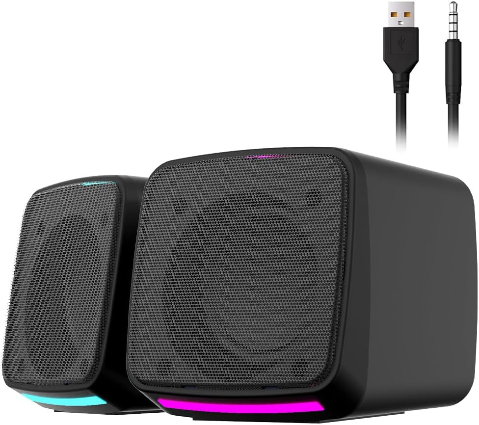 PC Speakers, USB Powered Speaker Set, Jack AUX 3.5Mm,Portable Mini Speaker for Laptop Smartphones MAC, Colorful RGB Lights