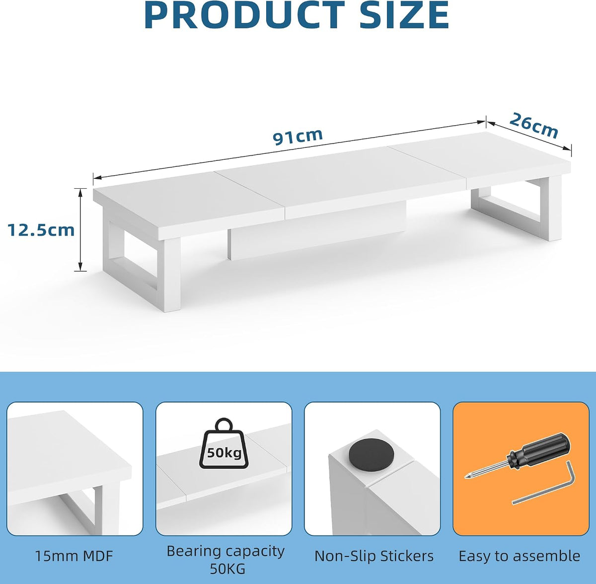 Dual Monitor Stand Riser – 91X26Cm Desk Shelf for 2 Screens White
