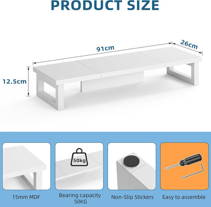 Dual Monitor Stand Riser – 91X26Cm Desk Shelf for 2 Screens White