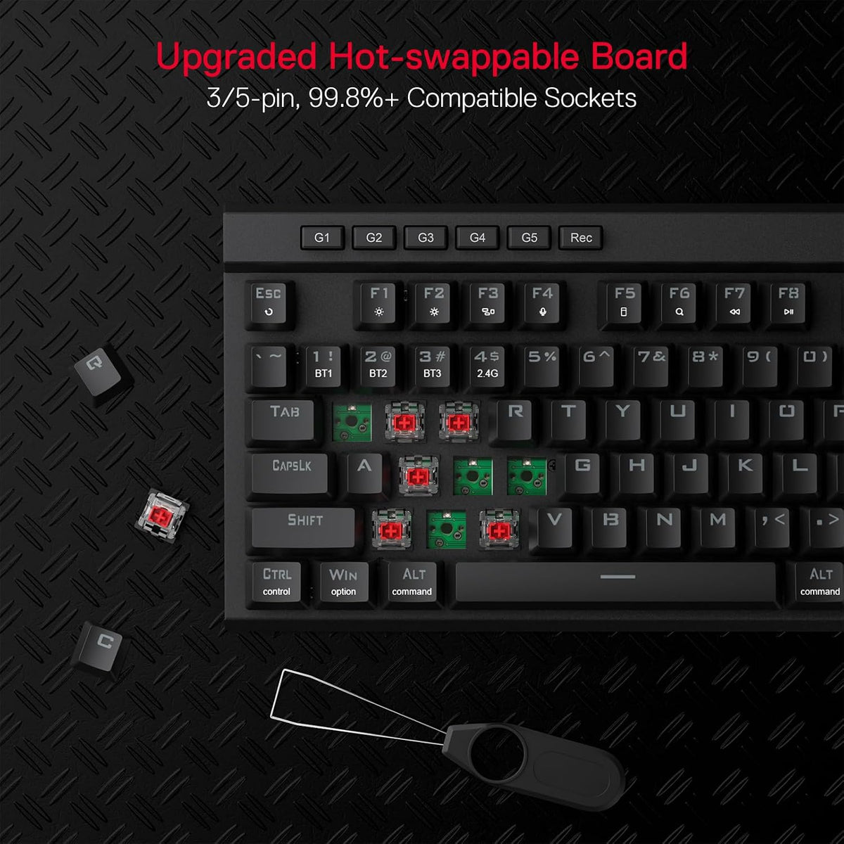 K580 PRO Wireless RGB Gaming Keyboard, 3-Modes 104 Keys Mechanical Keyboard W/Hot-Swap Socket, Dedicated Media Controls & Onboard Macro Recording, Linear Red Switch
