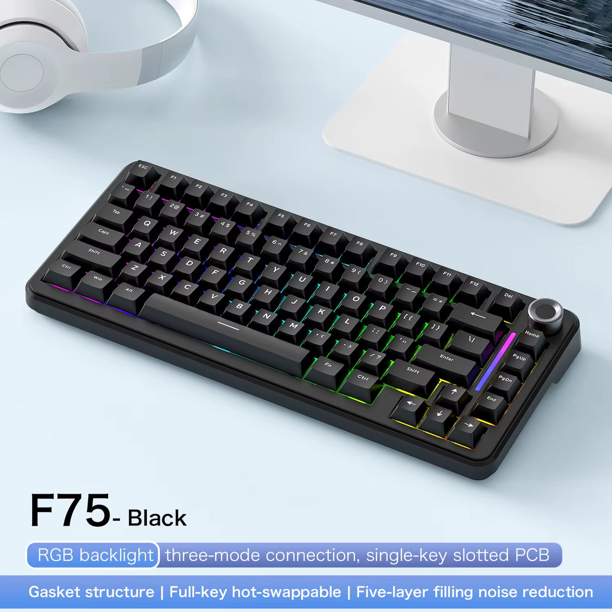 75% Hot Swap Gaming Keyboard Wireless FREEWOL F75 RGB Mechanical Keyboard with Metal Knobs AULA F75 Same Model,Tri-Mode,4000 Mah