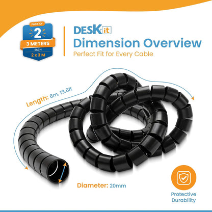 Cable Tidy Sleeve 6M - Flexible 20Mm Cable Organizer for Cable Management - Durable Spiral Cable Wrap for Wire Protection - Protective Cable Cover for a Safe and Clutter Free Home - Black