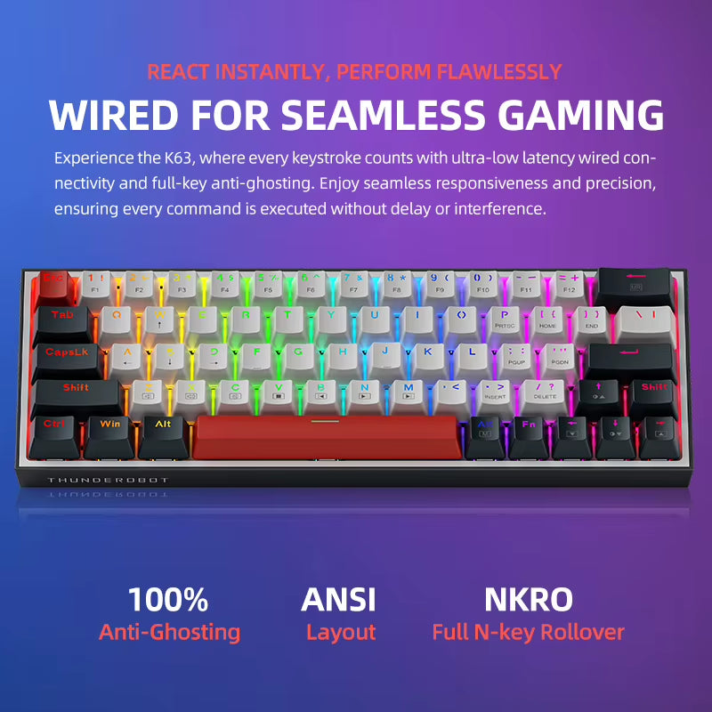 Thunderobot K63 60% Mechanical Gaming Keyboard Hot Swappable RGB Wired 63 Keys PBT NKRO USB-C for PC Gamer