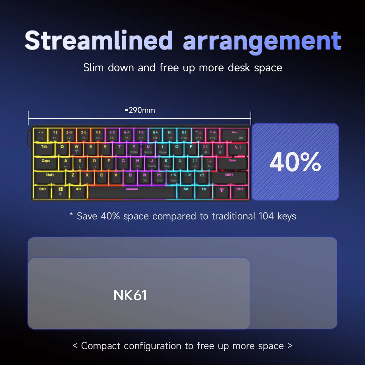 NK61 Mechanical Wired Gaming Keyboard RGB Lighting Effects Supports Hot-Swappable 61 Keys Mechanical Gaming Keyboard