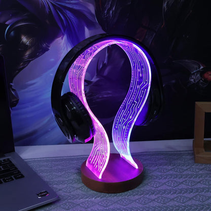 Headphone Stand, Wood Headset Holder with Blue Pink LED Night Light for Gamers, Men, and Music Lovers - Perfect Desk Gift Idea